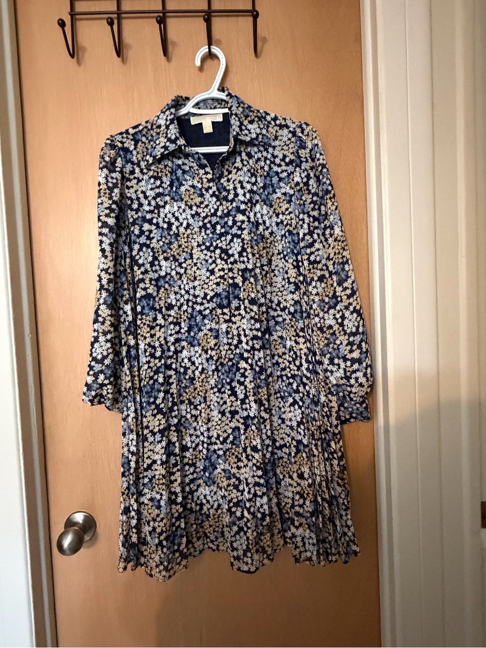 Michael Kors Navy Blue Floral Long-Sleeve Shirt Dress